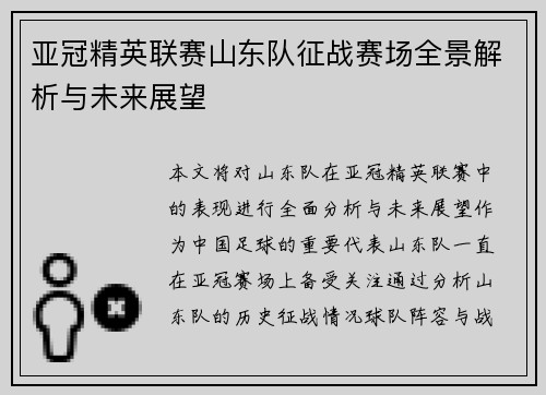 亚冠精英联赛山东队征战赛场全景解析与未来展望 亚冠精英联赛山东队征战赛场全景解析与未来展望